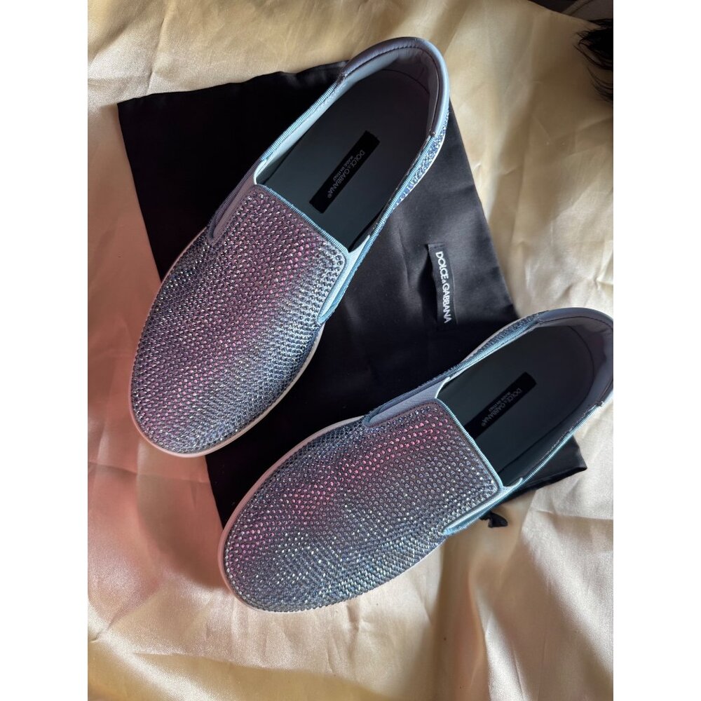 NWB Dolce & Gabbana $2,500 Crystal-Embellished Blue Slip-On Sneakers 5.5 M 7 W